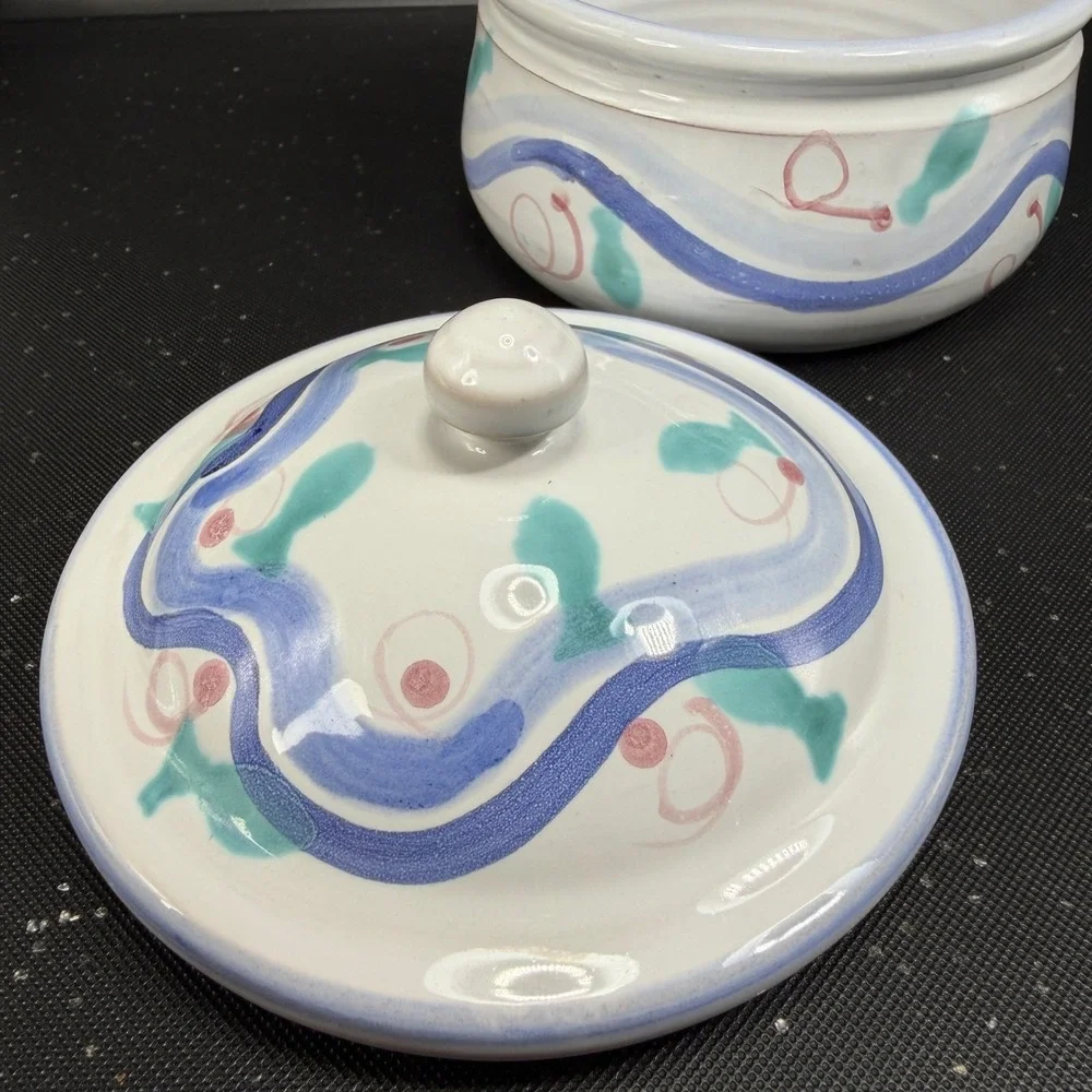 Nicola Fasano Italy Pier 1 Ceramic Lidded Jar Hand Painted Abstract Blue Pink 4